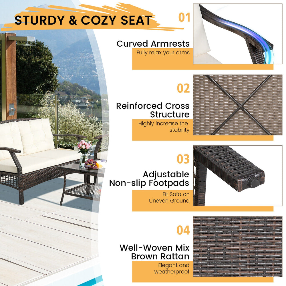 4-piece outdoor rattan conversation set featuring mixed brown PE rattan, ergonomic armrests, and soft cushions for.