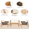 4-piece patio rattan furniture set featuring acacia wood, removable white cushions, and ergonomic design for outdoor.