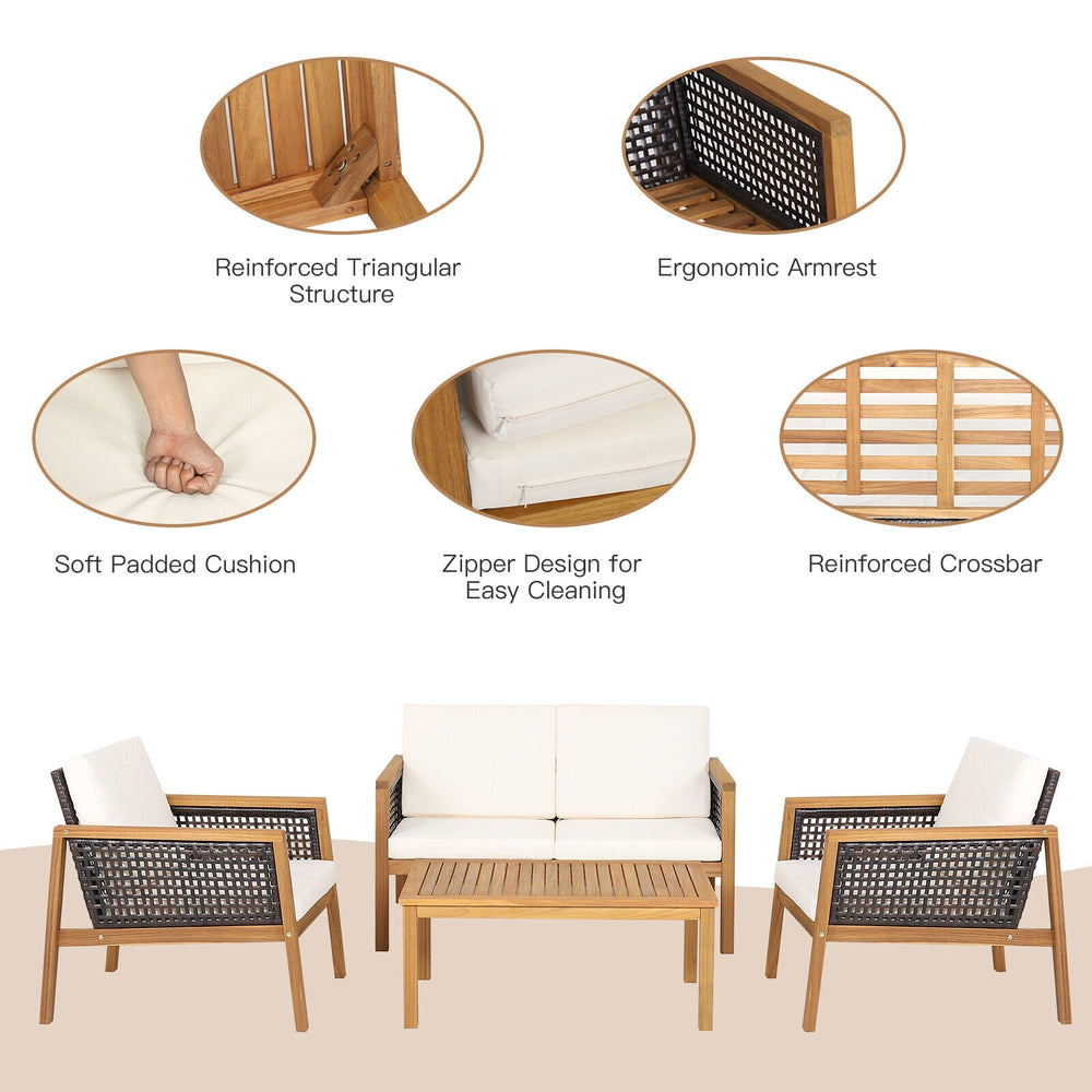 4-piece patio rattan furniture set featuring acacia wood, removable white cushions, and ergonomic design for outdoor.