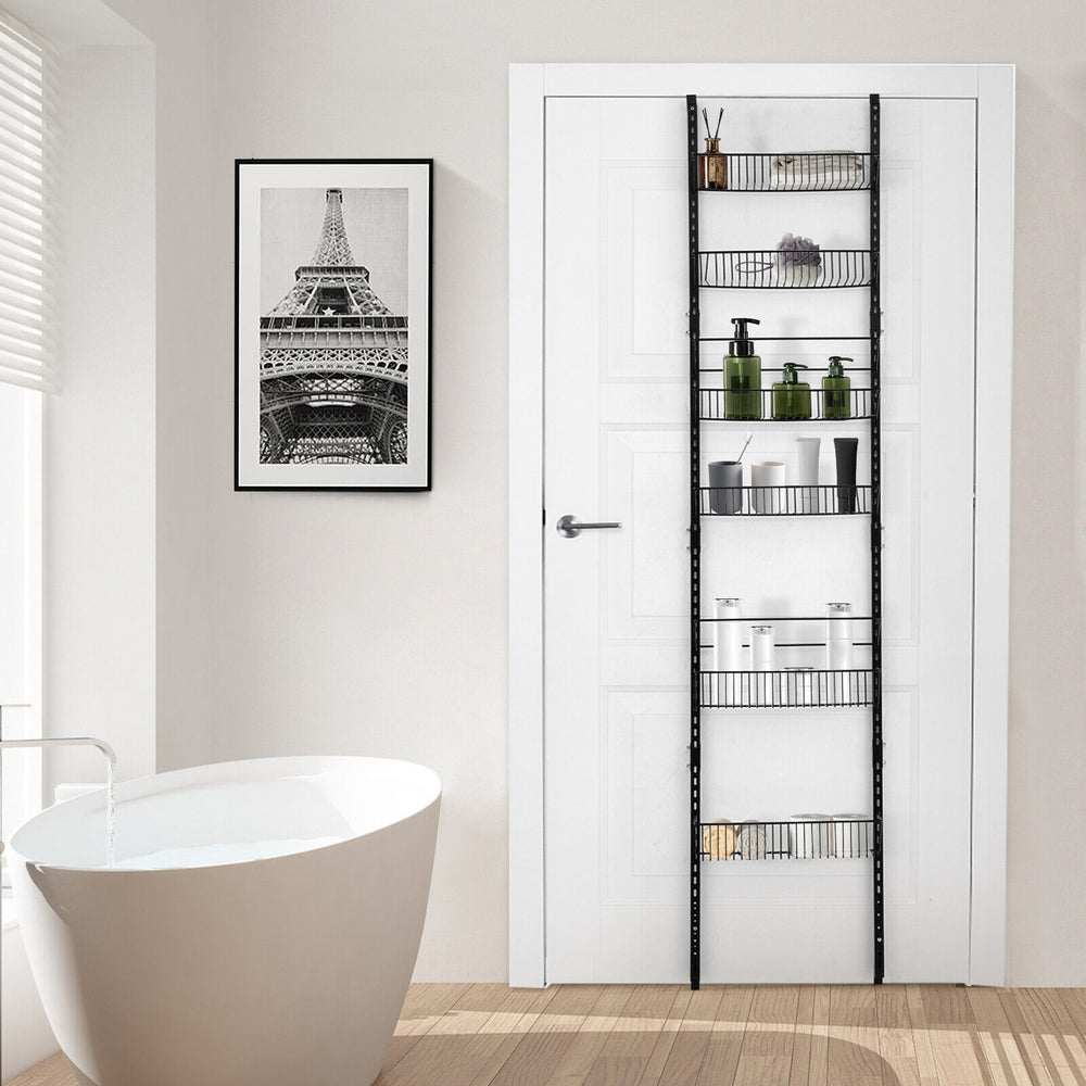 Over the Door Pantry Organizer Rack showcasing six different basket depths for versatile storage above a bath.