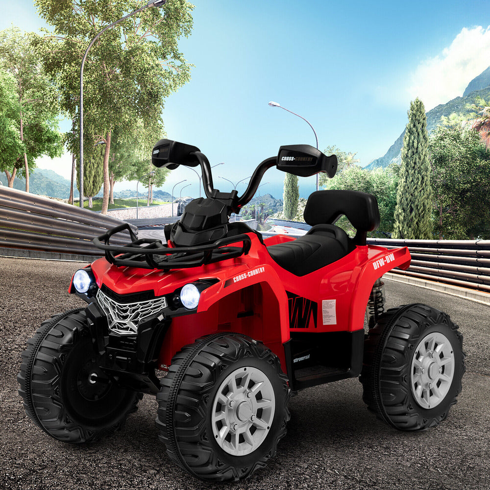 Red 12V kids ride-on ATV with oversized wheels, headlights, and MP3 function for realistic driving fun.