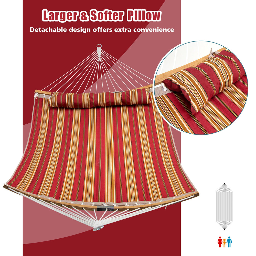 Outdoor hammock with detachable red pillow, featuring breathable polyester for comfort and easy storage, perfect for.