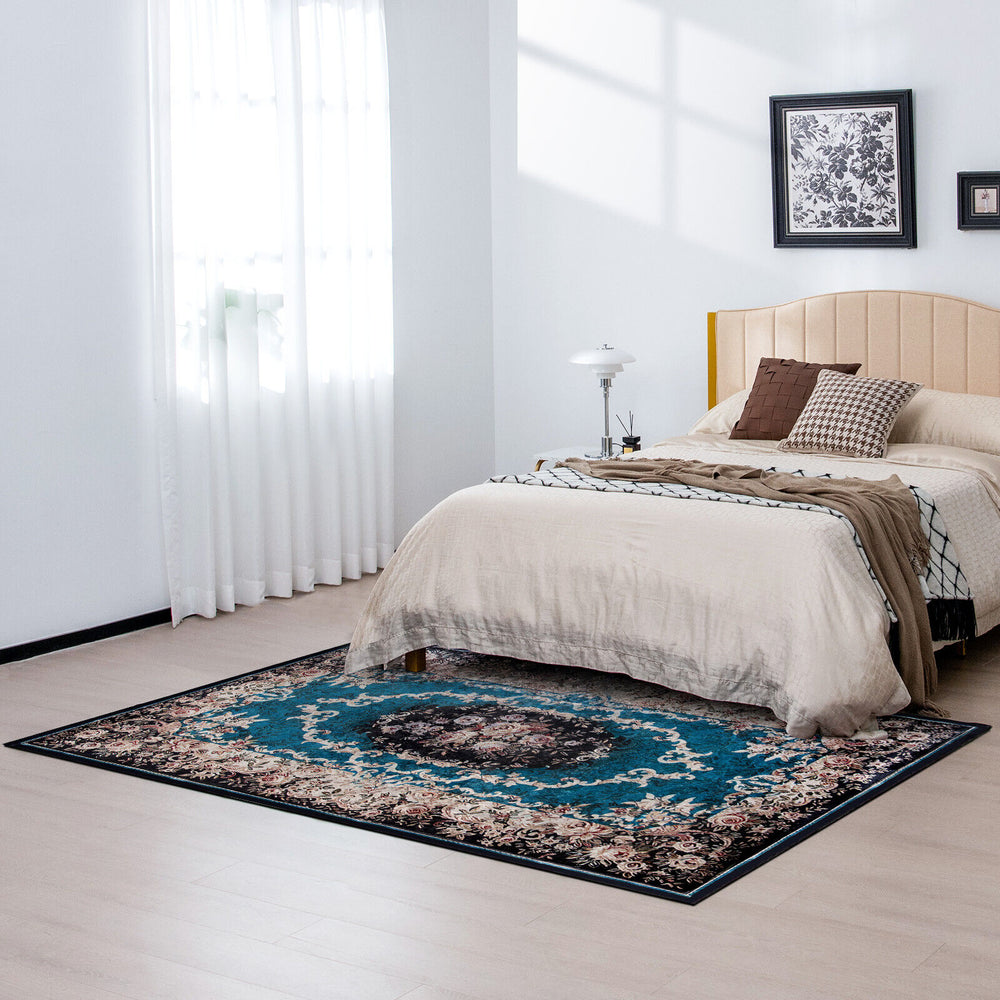 Vintage area rug with non-shedding surface and anti-slip bottom, featuring a beautiful color scheme for bedroom decor.