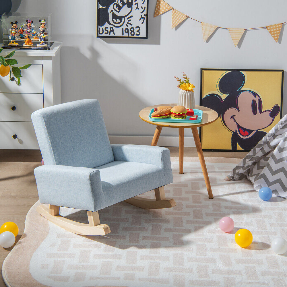 Kids rocking chair in blue with solid wood legs, designed for ages 3-5, perfect for reading and relaxing in any room.