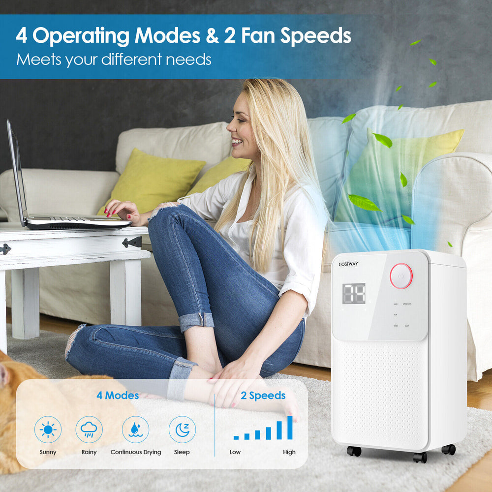 32-pint dehumidifier with digital display, 4 modes, and 2 speeds for efficient moisture control in homes and basements.