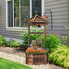 Rustic wooden wishing well planter with adjustable bucket, made from carbonized fir wood, perfect for garden or patio.