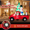 Inflatable Santa Claus driving a car with snowman and penguin, 8 feet wide, features built-in LED lights for Christmas.
