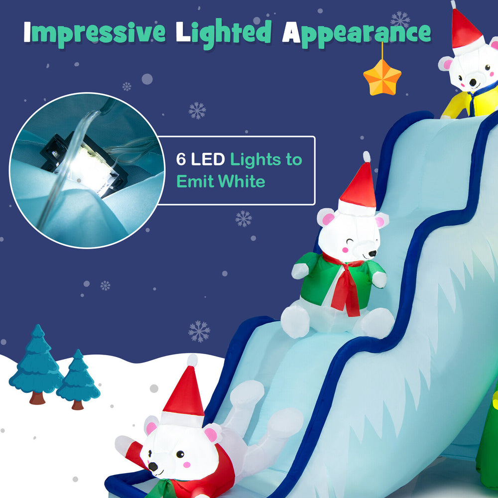 Inflatable 9 feet polar bear slide decoration with 6 LED lights, perfect for festive outdoor displays.