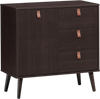 3-drawer sideboard storage cabinet in brown with leather handles, featuring an adjustable shelf for versatile.