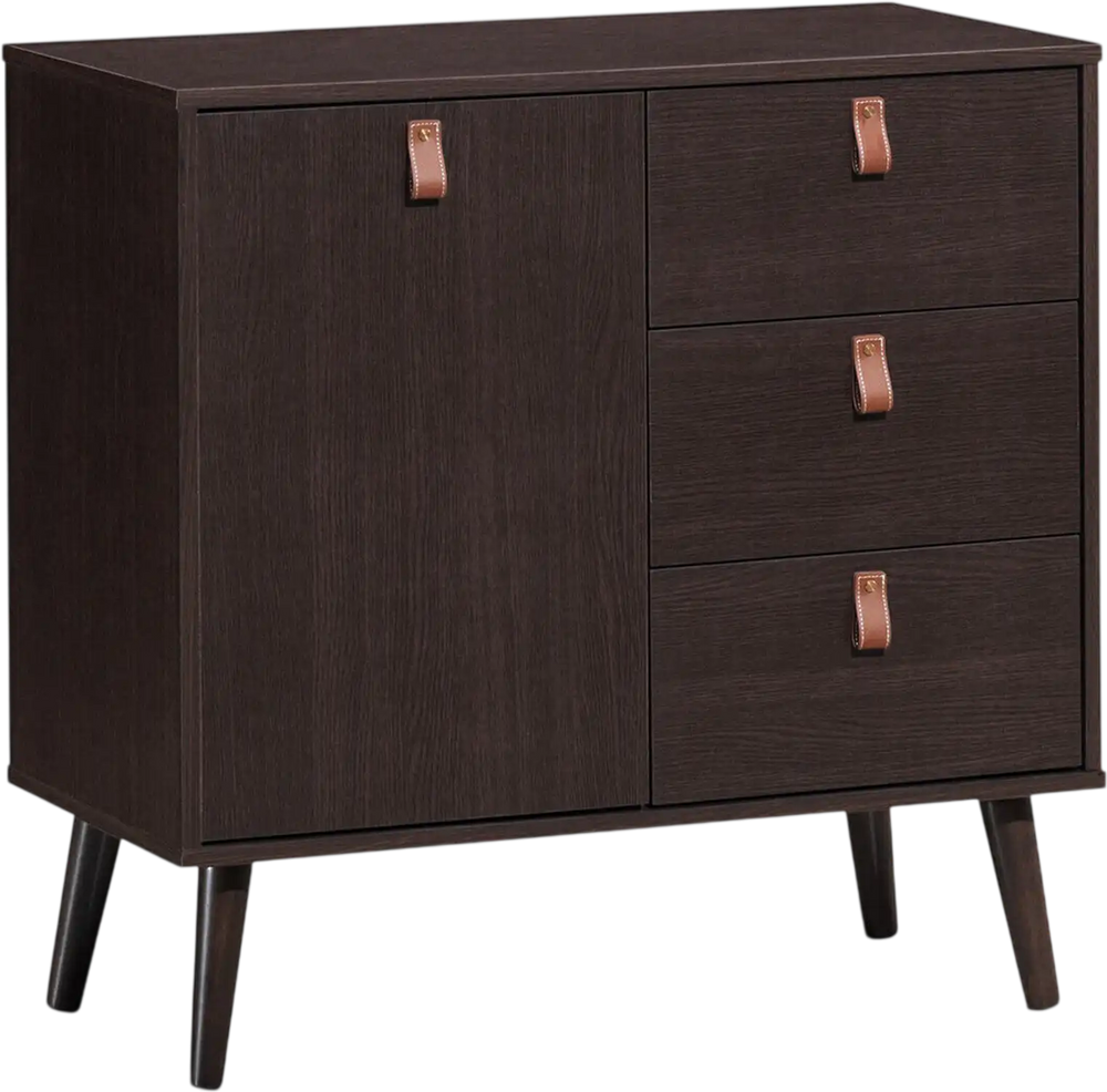 3-drawer sideboard storage cabinet in brown with leather handles, featuring an adjustable shelf for versatile.