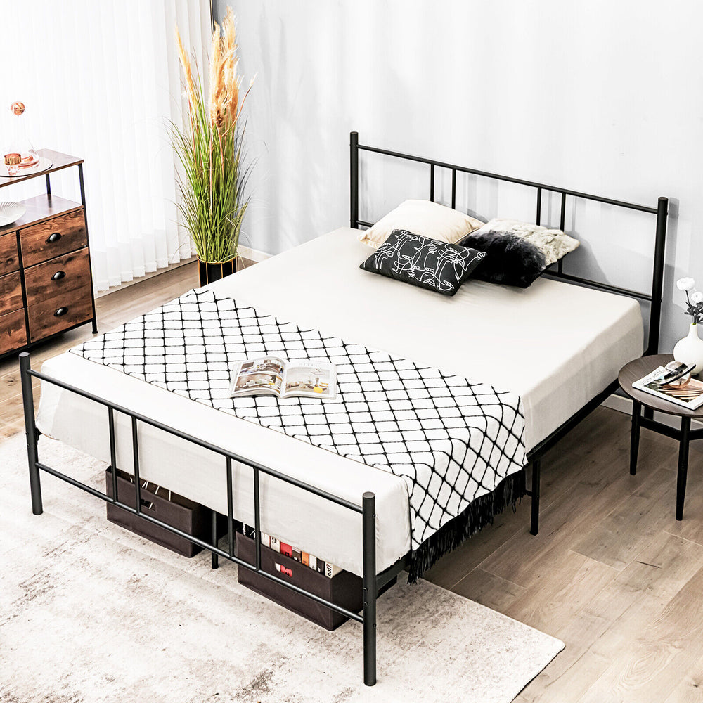 Queen size platform bed frame with high headboard, sturdy steel construction, and 13" clearance for storage.
