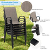 Stackable patio dining chairs with curved armrests, breathable fabric, and anti-slip footpads for outdoor comfort.