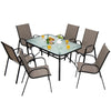 Rectangular patio dining table with tempered glass top, accommodating 4-6 people, ideal for outdoor gatherings.