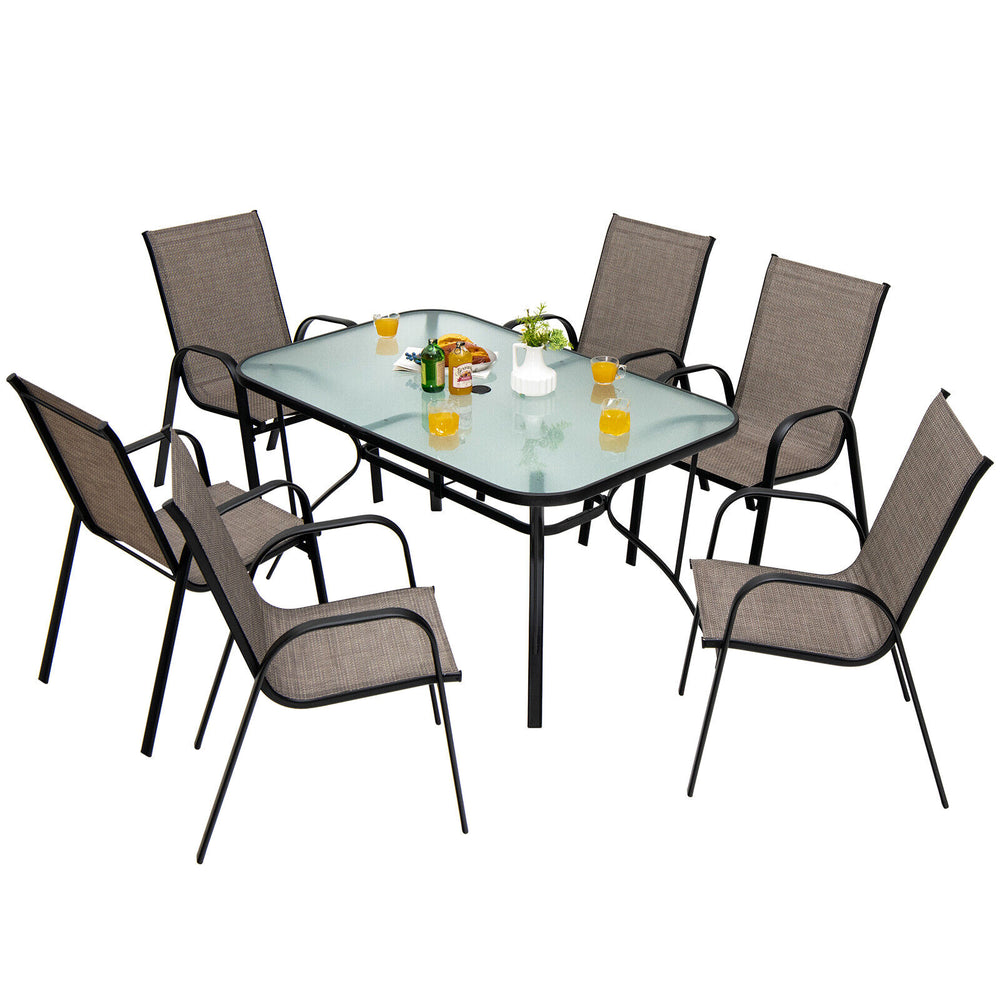 Rectangular patio dining table with tempered glass top, accommodating 4-6 people, ideal for outdoor gatherings.