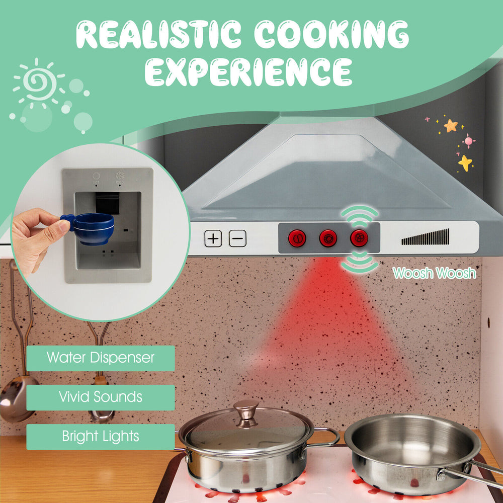 Wooden kids kitchen playset featuring a stove with vivid sounds and lights, designed for safe and immersive role-play.