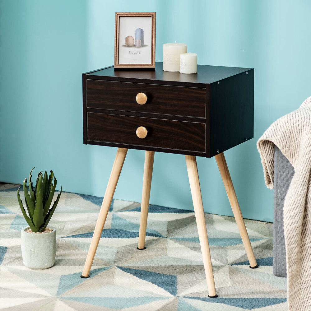 Mid Century Modern nightstand in natural-coffee with two drawers and solid wood legs, perfect for bedside storage and.