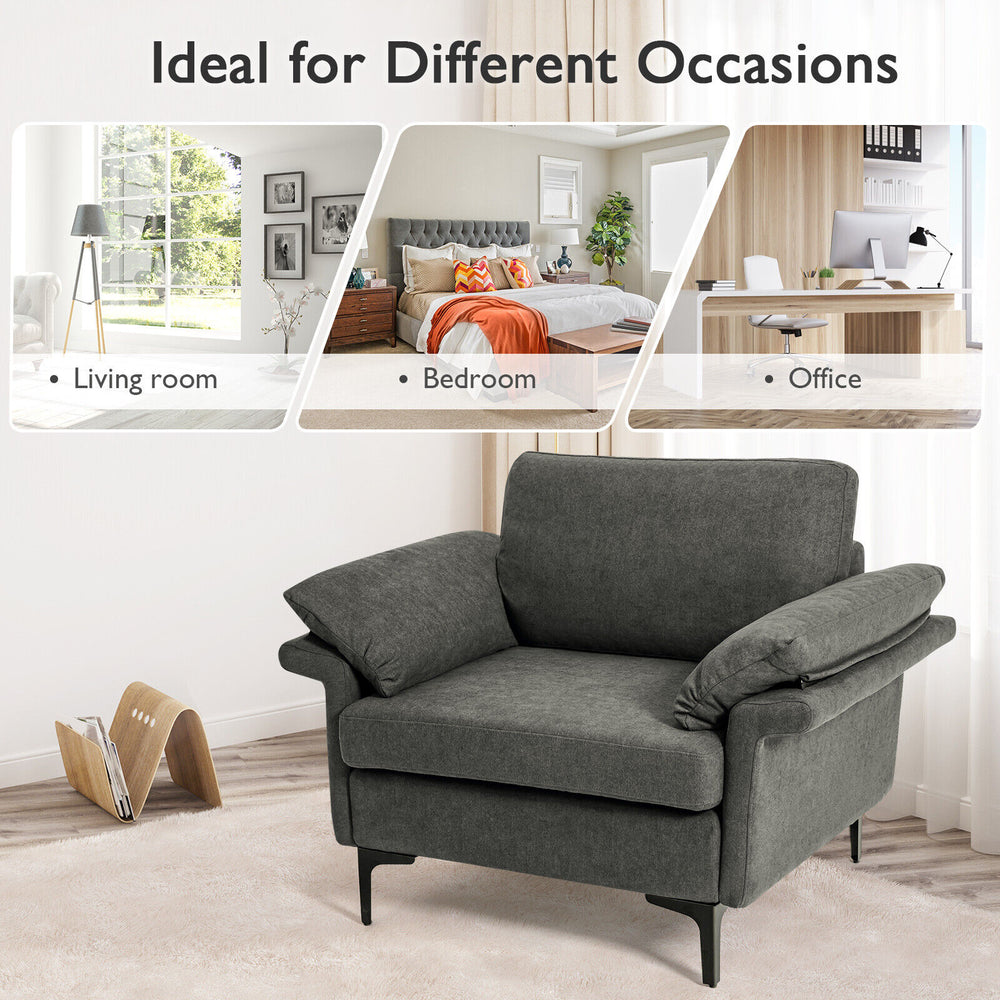 Gray modern fabric accent armchair with ergonomic armrest cushions, ideal for living room, bedroom, or office use.
