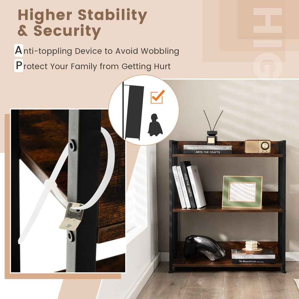 3-tier industrial bookshelf with adjustable shelves, durable engineered wood, and anti-toppling device for safety.
