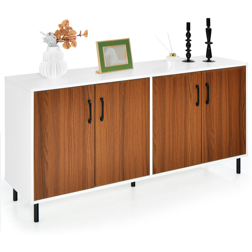 4-door kitchen buffet sideboard in white with wood grain finish, offering spacious storage for dining room and kitchen.