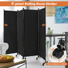 4-panel black folding room divider with lockable wheels, ideal for privacy in home, office, or dormitory spaces.