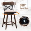 Wooden swivel bar stool with cushioned seat and open X back, featuring 360° swivel for kitchen island or home bar use.