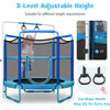 5ft kids trampoline with adjustable height bar, cat-shape rings, and safety net for indoor and outdoor fun.