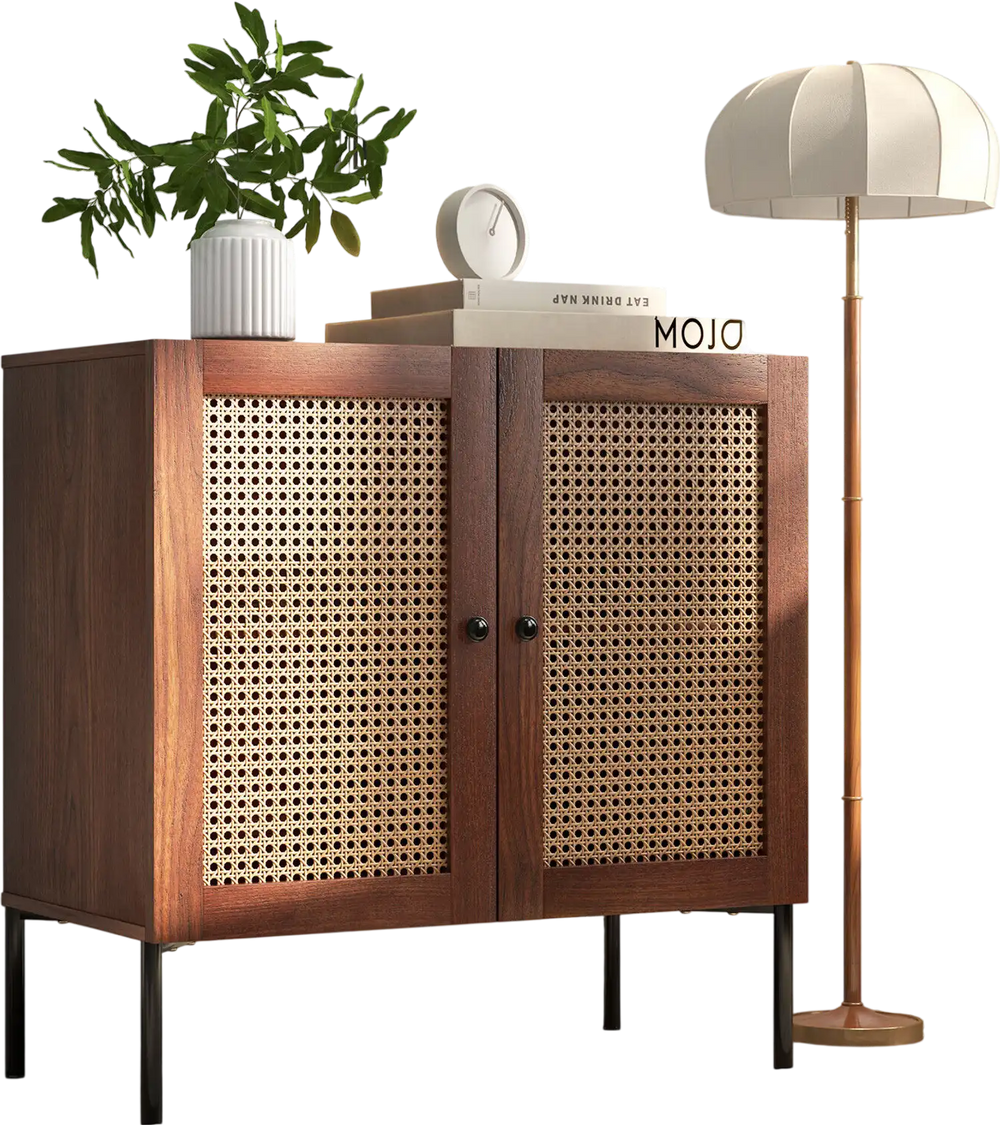 Walnut kitchen sideboard with 2 rattan doors, adjustable shelf, and metal legs, perfect for living room or dining room.