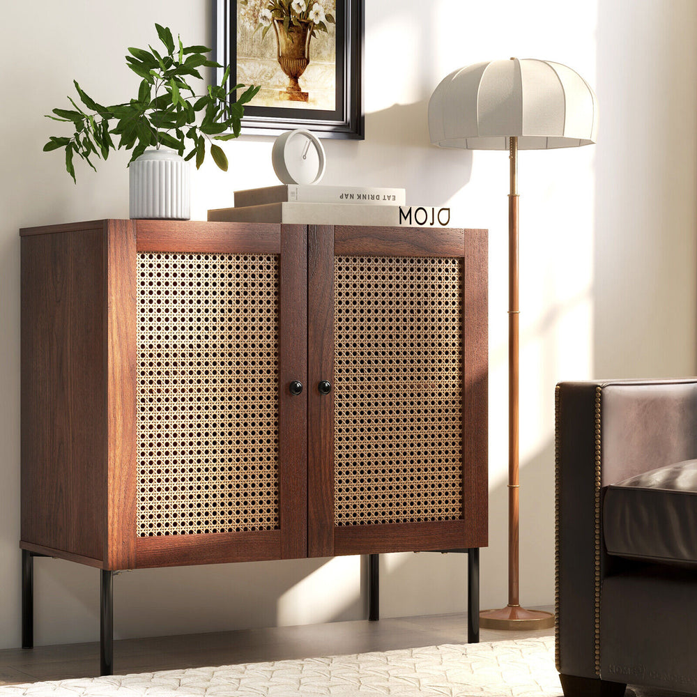 Kitchen Sideboard with 2 Rattan Doors and Adjustable Shelf-Walnut - Gallery View 1 of 9