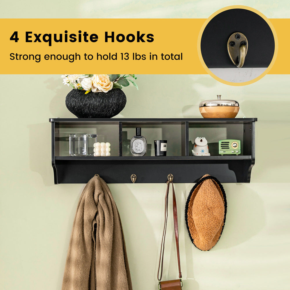 Wall-mounted black cubby organizer shelf with 4 hooks, ideal for entryway storage and displaying decor.
