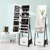 Jewelry cabinet with full-length mirror, white MDF, large storage, lockable wheels, ideal for organized jewelry display.