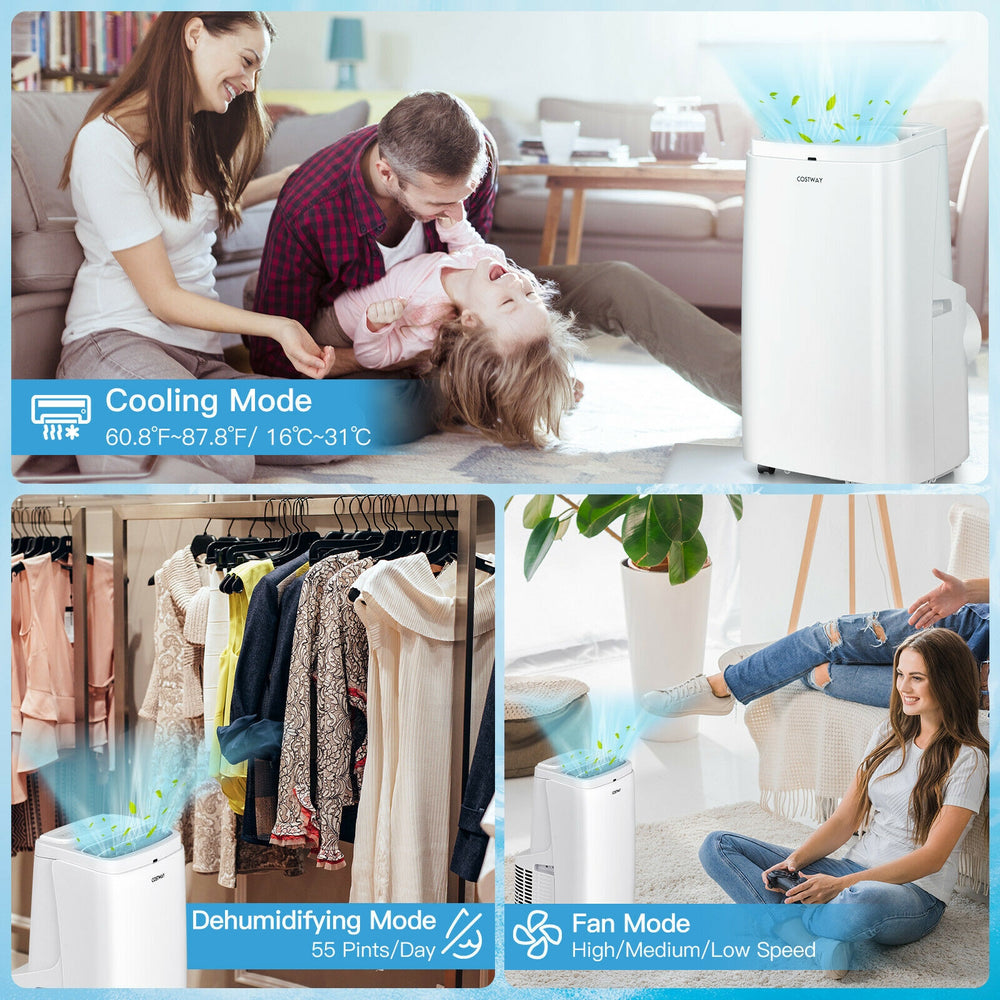 Portable 9000BTU air conditioner in white with cooling, dehumidifying, and fan modes for versatile home comfort.