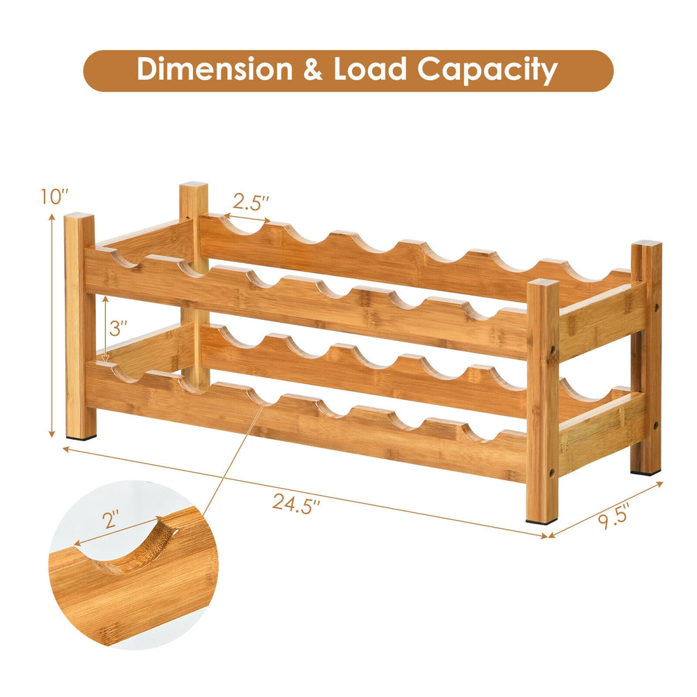 2-tier bamboo wine rack holding 12 bottles, featuring a natural texture, ideal for kitchen or dining room storage.