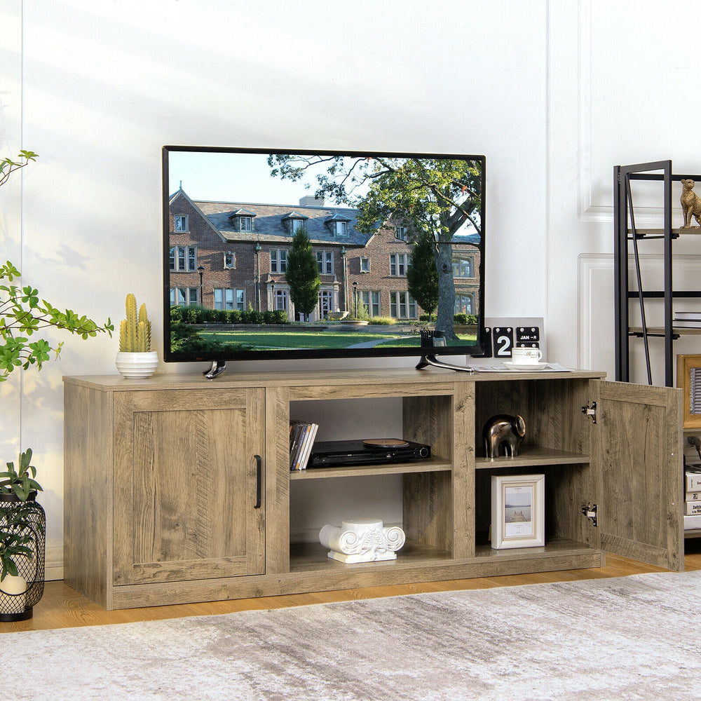 58-inch TV stand with natural wood finish, adjustable shelves, and two cabinets, perfect for TVs up to 65 inches.