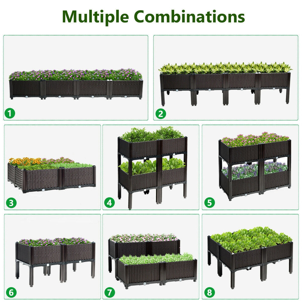 Set of 4 brown elevated planter boxes with various configurations for growing vegetables, flowers, and herbs in outdoor.