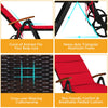 Folding patio rattan lounge chair with wheels in red, featuring adjustable backrest and comfortable padded cushion.