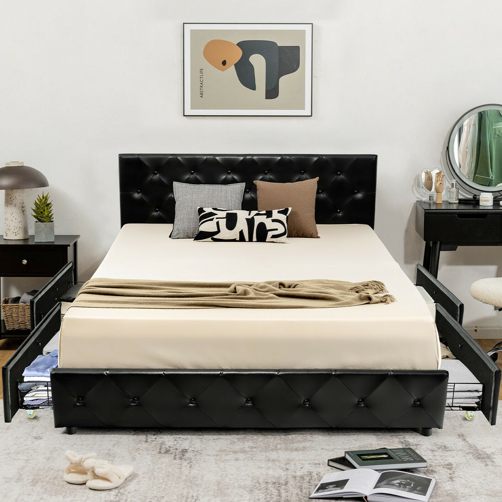 Full/Queen PU leather upholstered platform bed with 4 storage drawers and adjustable headboard for versatile comfort.