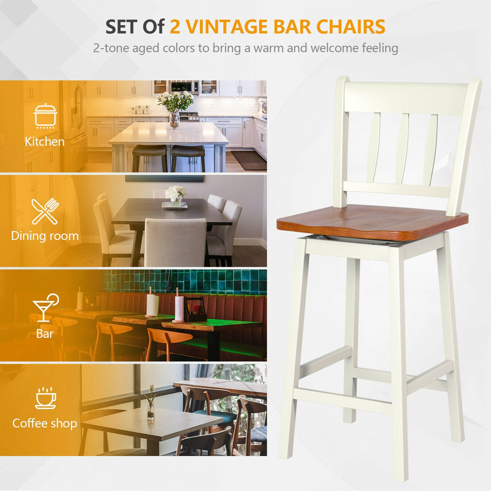 Set of 2 vintage swivel bar stools in white with 360° rotation, ideal for kitchen and dining room use.