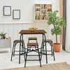 5-piece rustic brown bar table set with square tabletop and 4 backless stools, perfect for dining or breakfast nook.