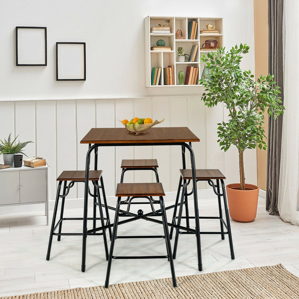 5-piece rustic brown bar table set with square tabletop and 4 backless stools, perfect for dining or breakfast nook.