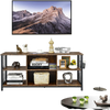 Mid-century wooden TV stand in rustic brown showcasing a large tabletop, perfect for stylish storage and organization.