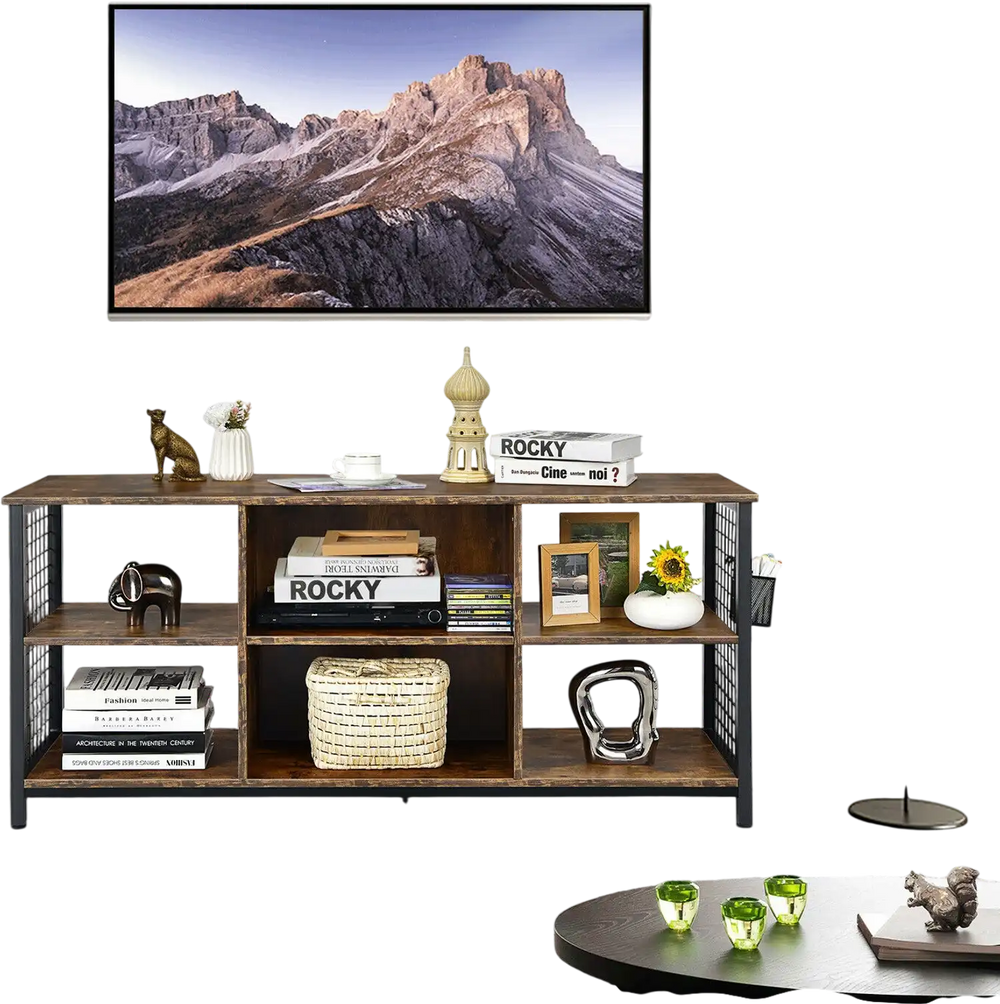 Mid-century wooden TV stand in rustic brown showcasing a large tabletop, perfect for stylish storage and organization.