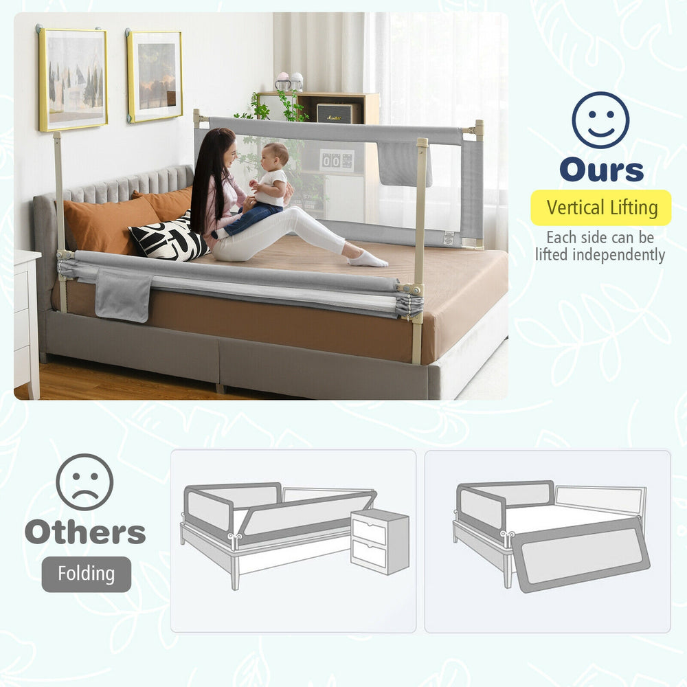 Toddler bed rail in gray showcasing vertical lifting feature, built-in anti-collision cotton, and convenient side.
