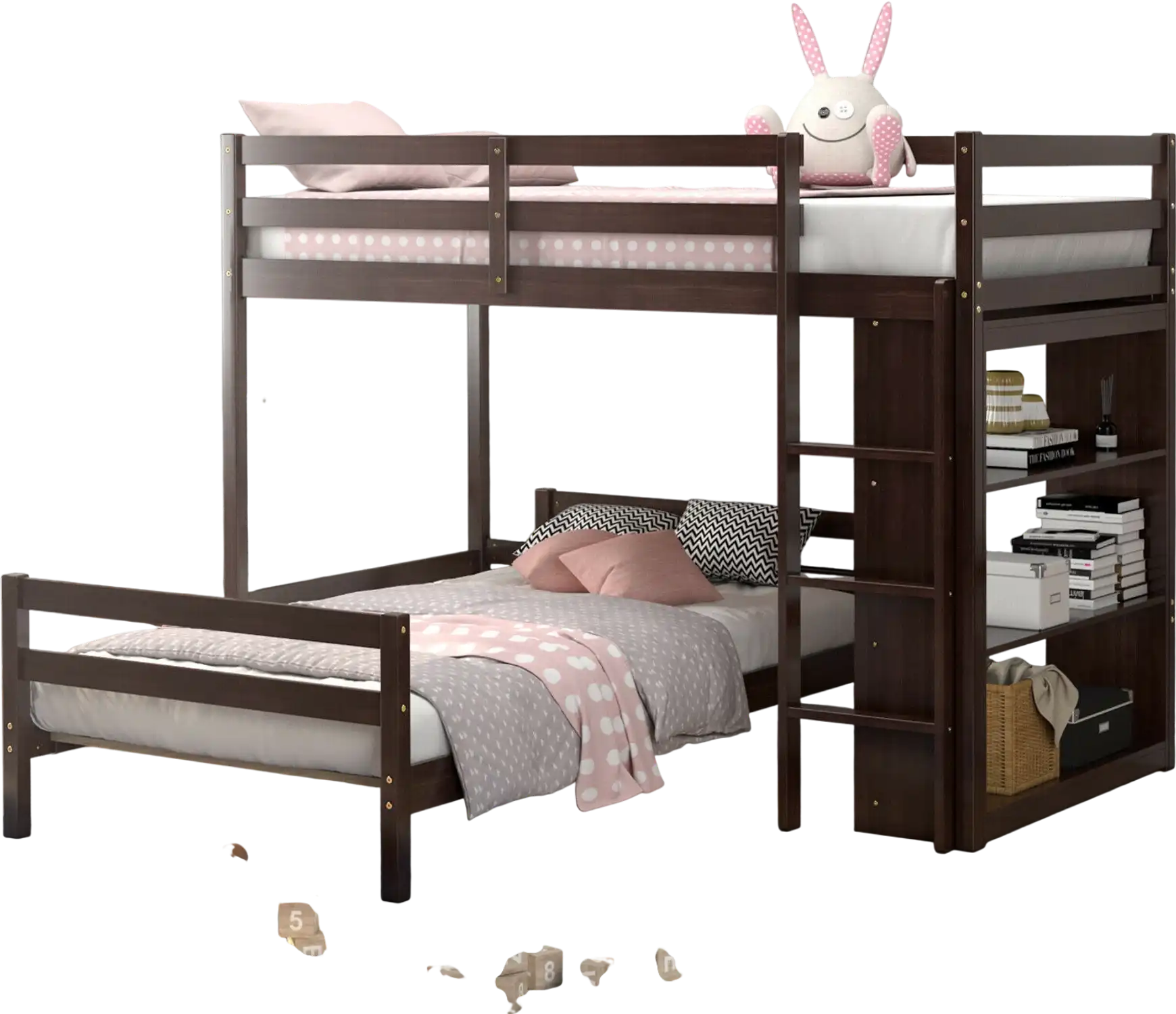 Costway Twin Over Twin Loft Bunk Bed Bookcase Dark Brown 18546309 New