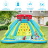 Double side inflatable water slide park with climbing wall, splash pool, and sprayers for outdoor fun for kids aged 3-8.