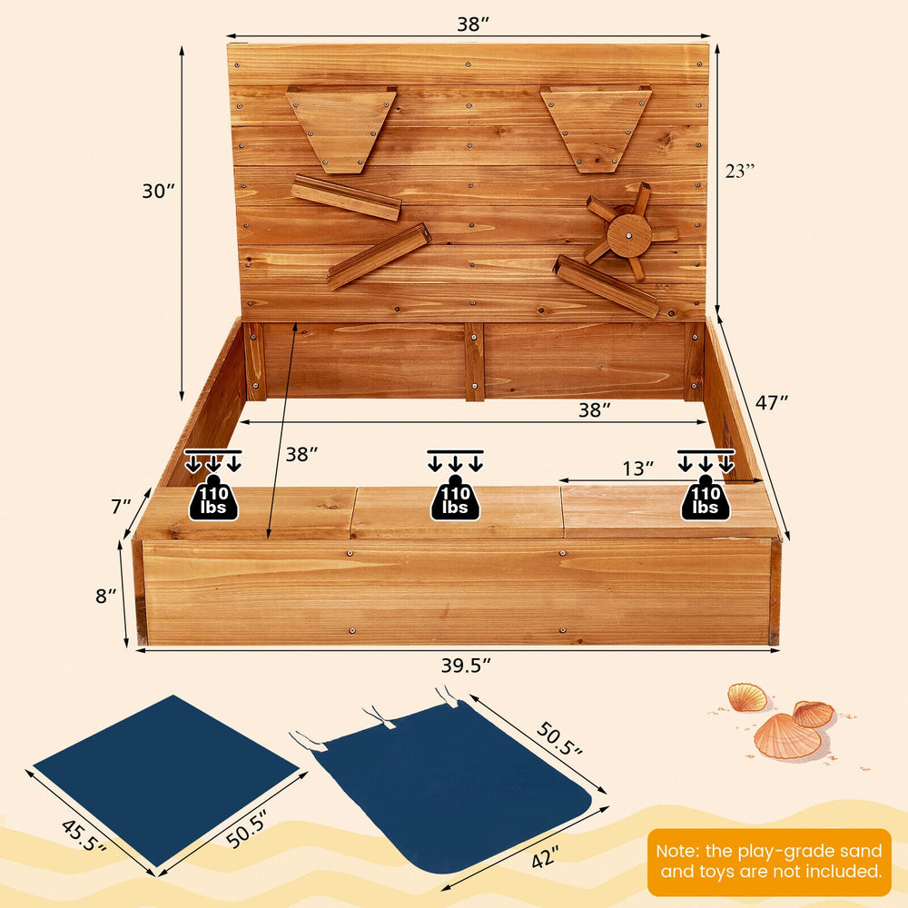 Kids wooden square sandbox with cover, solid cedar wood, includes hidden storage and seating for 3-4 kids.