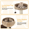 Rattan cat tree with high perch and cozy basket, featuring soft cushions and sisal posts for scratching and play.