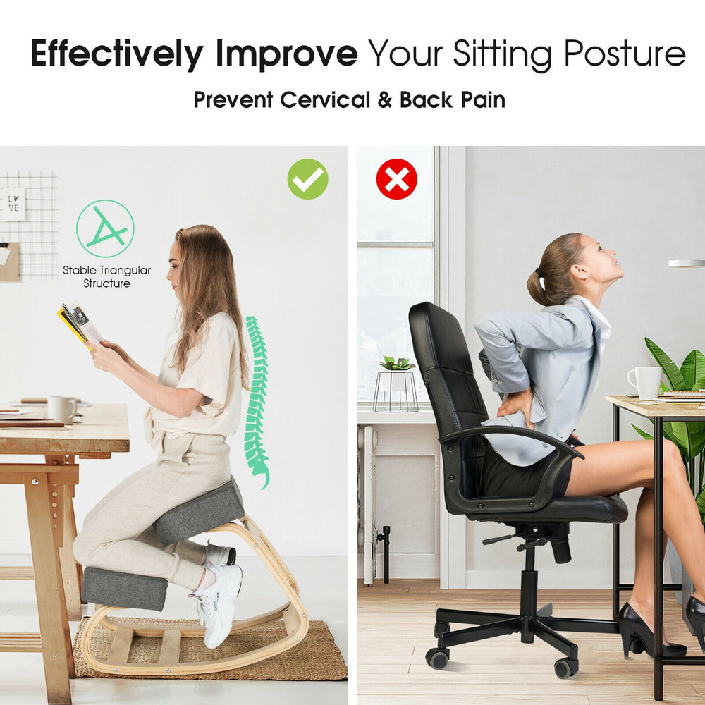 Ergonomic gray kneeling chair with curved base for rocking, promoting upright posture and relieving back pain.
