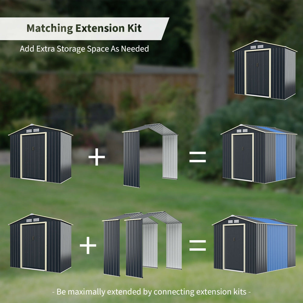 Outdoor storage shed extension kit for 7 ft width, made of premium color coated steel, adds 14.7 ft² storage space.