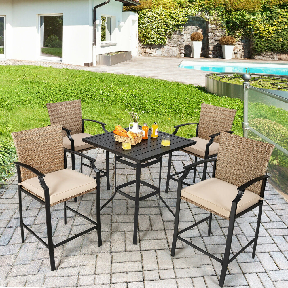 Patio rattan bar stools set of 4 with soft cushions, featuring ergonomic design, ideal for outdoor use by the poolside.