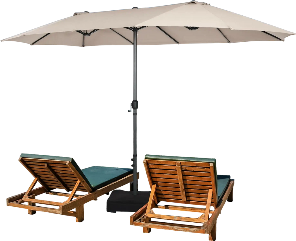 Double-sided 15 feet patio umbrella in beige with hand-crank system, perfect for creating a large shady space outdoors.